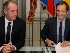 I presidenti delle regioni Veneto e Fvg, rispettivamente Luca Zaia (a sx) e Massimiliano Fedriga