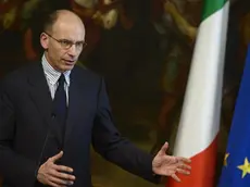 Il presidente del Consiglio, Enrico Letta durante la conferenza stampa con il presidente dell'Ocse, Jose' Angel Gurria, a palazzo Chigi Roma, 2 maggio 2013. The Prime Minister, Enrico Letta during the press conference with the President of the Oecd, Jose 'Angel Gurria, at Palazzo Chigi Rome, May 2, 2013. At the end of the meeting there will be a press conference. ANSA/ GUIDO MONTANI