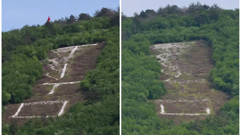 Prima e dopo: a sinistra la scritta Tito sul monte Cocusso come appariva a inizio maggio in uno scatto di Andrea Lasorte; a destra la scritta come appariva ieri dopo il blitz (foto tratta dal sito Primorski Dnevnik - Damj@n / Henrik Sturman)