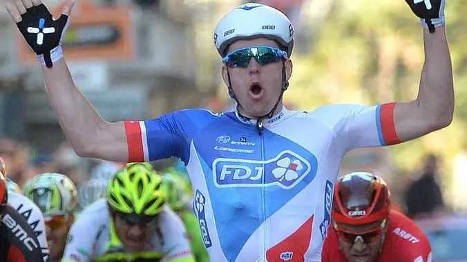 French Arnaud Demare, right, of FDJ cycling team, on his arrival to the finish line of Milano-Sanremo, Italy, March 19, 2016. ANSA/LUCA ZENNARO
