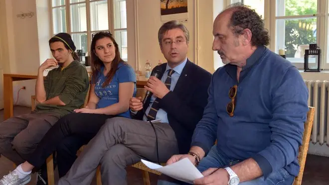 Foto Bruni 24.04.13 Ex OPP:dibattito con Pino Roveredo,il Rettore Peroni e due studenti