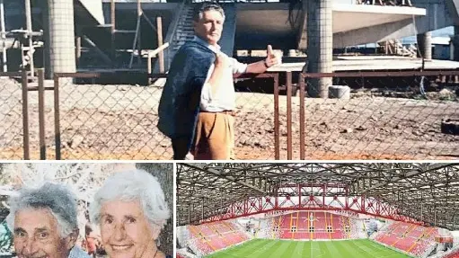 Sopra Zarattini davanti al cantiere del Rocco. Sotto con la moglie Liberata e una panoramica dello stadio