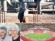 Sopra Zarattini davanti al cantiere del Rocco. Sotto con la moglie Liberata e una panoramica dello stadio