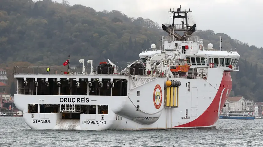 epa08736982 (FILE) - Turkish seismic exploration vessel Oruc Reis sails on the Bosphorus in Istanbul, Turkey, 21 November 2018 (reissued 12 October 2020). Turkish navy says that Turkey sends the vessel to spend ten days conducting seismic research in the eastern Mediterranean again. Oruc Reis' movements near Greek islands in recent weeks had caused considerable tensions between NATO member Greece and Turkey. EPA/TOLGA BOZOGLU *** Local Caption *** 54791115