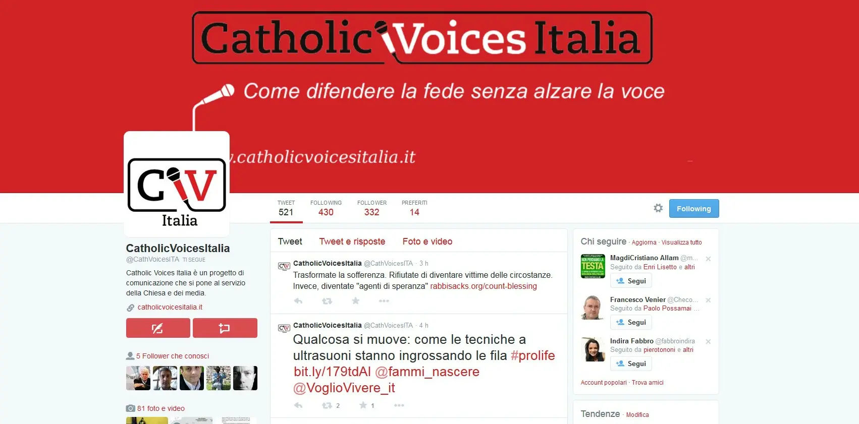 Il profilo twitter di Catholic Voices Italia