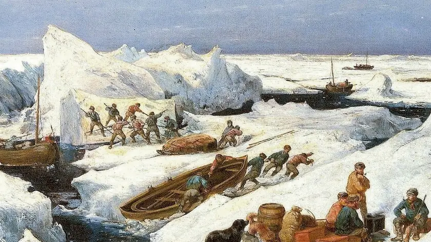 Nel disegno di Obermüllner, i preparativi per la partenza della spedizione di Carl Wyprecht dopo l’abbandono della nave “Admiral Tegetthoff” bloccata dai ghiacci