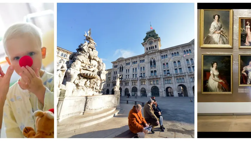Nella foto da sinistra un bimbo ricoverato in ospedale, il municipio di Trieste e un museo