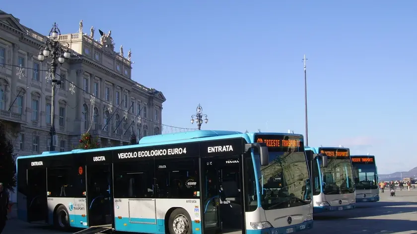 Autobus parcheggiati davanti al Palazzo della Regione