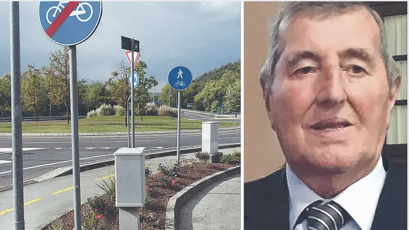 A destra il geometra Giuliano Bellini, a destra la rotatoria che ha contribuito a realizzare alle porte di Gorizia, l’accesso per chi arriva da Udine