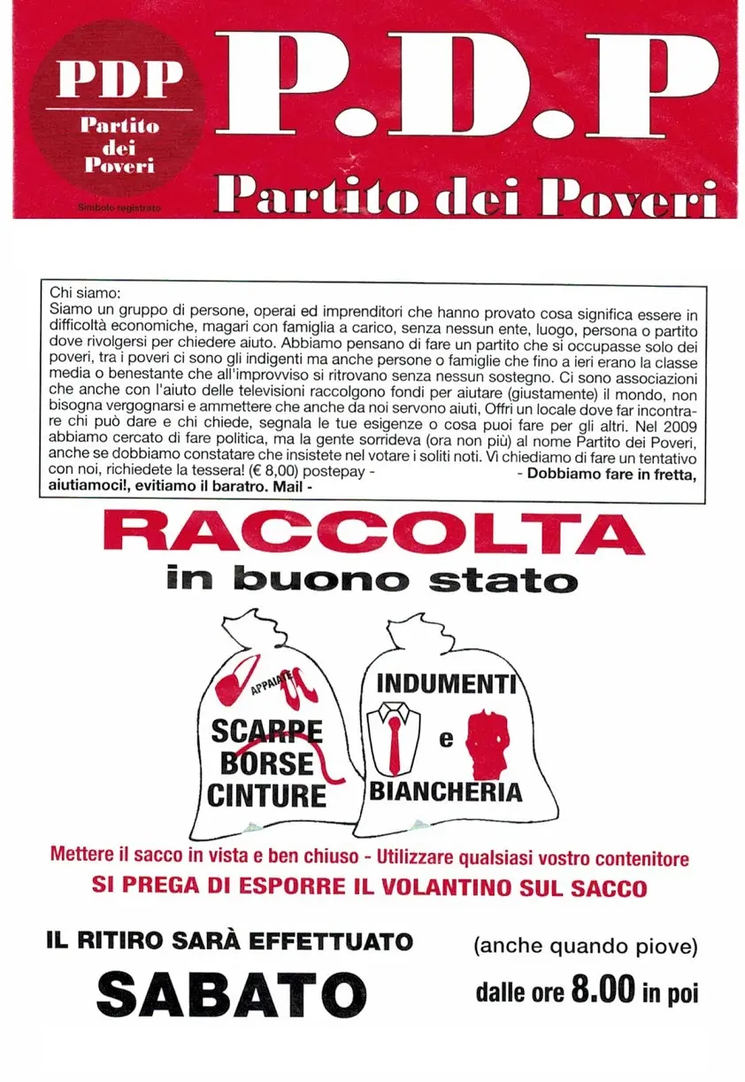Uno dei volantini con la falsa raccolta di abiti usati