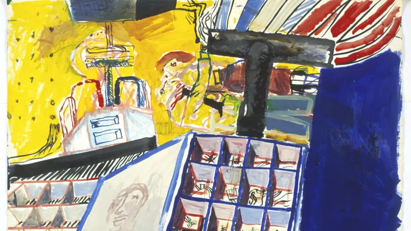 Il dettaglio di una delle sue opere: “Box” del 1965 (tempera su carta)