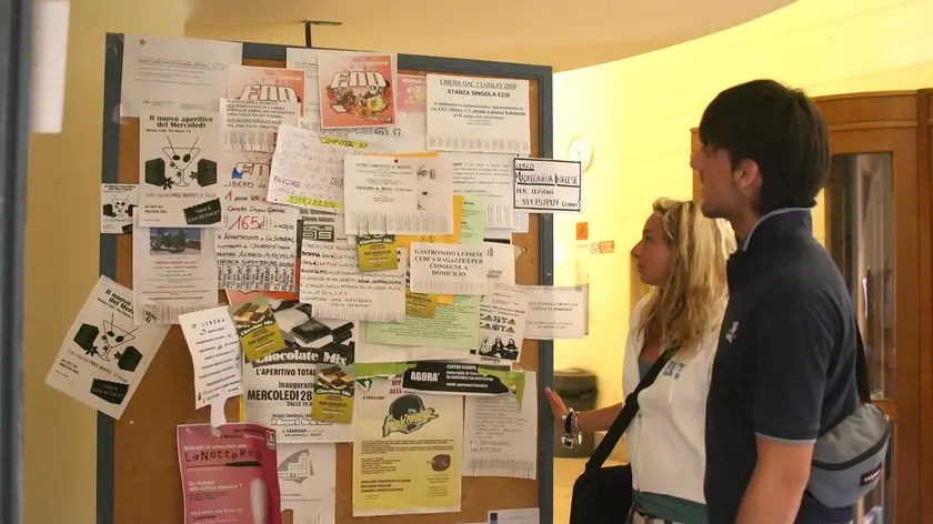 Due studenti universitari scrutano la bacheca con le offerte immobiliari
