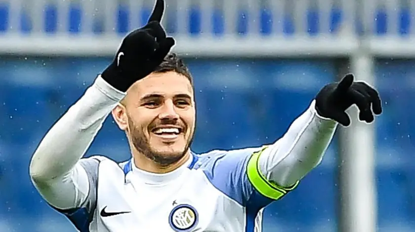 Inter's forward Mauro Icardi celebrates after scoring his second goal during the Italian Serie A soccer match Uc Sampdoria vs Fc Internazionale at Luigi Ferraris Stadium in Genoa, Italy, 18 March 2018. ANSA/SIMONE ARVEDA