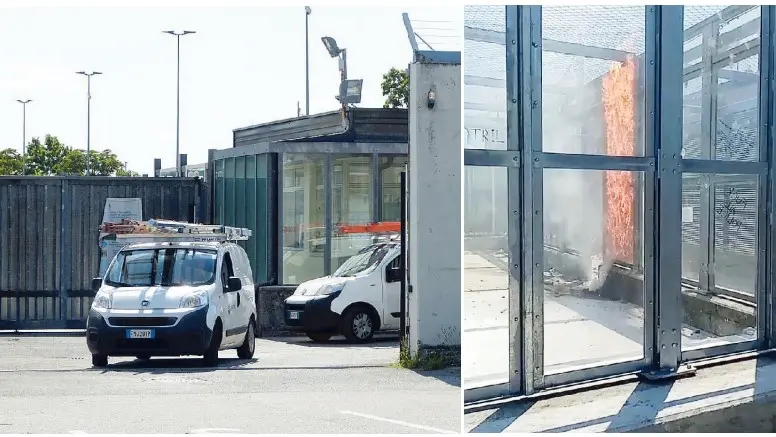 L’ingresso del centro migranti di Gradisca d’Isonzo ieri pomeriggio (Foto Roberto Marega). A destra un’immagine delle fiamme all’interno del Cpr diffusa dai migranti