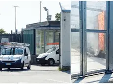 L’ingresso del centro migranti di Gradisca d’Isonzo ieri pomeriggio (Foto Roberto Marega). A destra un’immagine delle fiamme all’interno del Cpr diffusa dai migranti