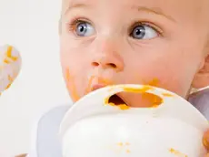 Un bambino alle prese con un piatto di minestra in una foto di archivio