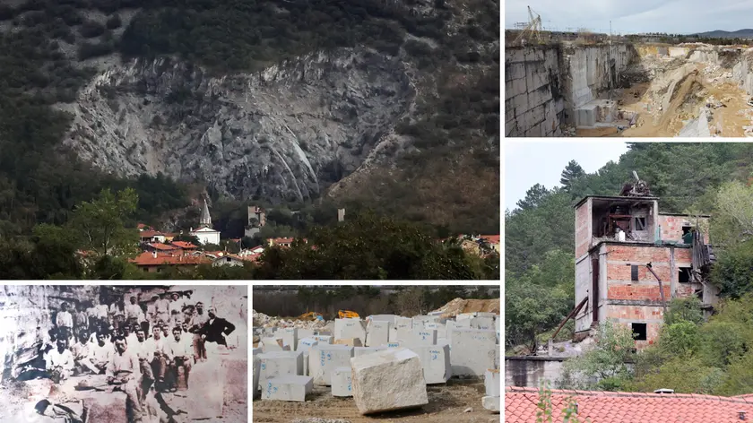 Il cuore della cava Brusich, la cava di Aurisina, l’impianto in Val Rosandra dismesso e un’immagine d’epoca in via dei Templari (Lasorte)