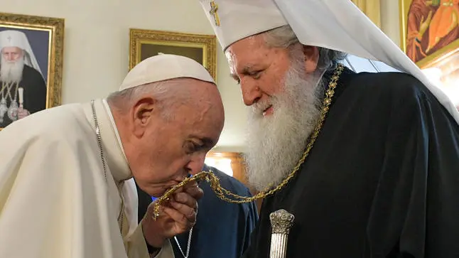 Foto Vatican Media/LaPresse05-05-2019 Sofia - BulgariaCronacaViaggio Apostolico di Papa Francesco in BulgariaNella foto: visita al Patriarca S.S. NeofitDISTRIBUTION FREE OF CHARGE - NOT FOR SALE