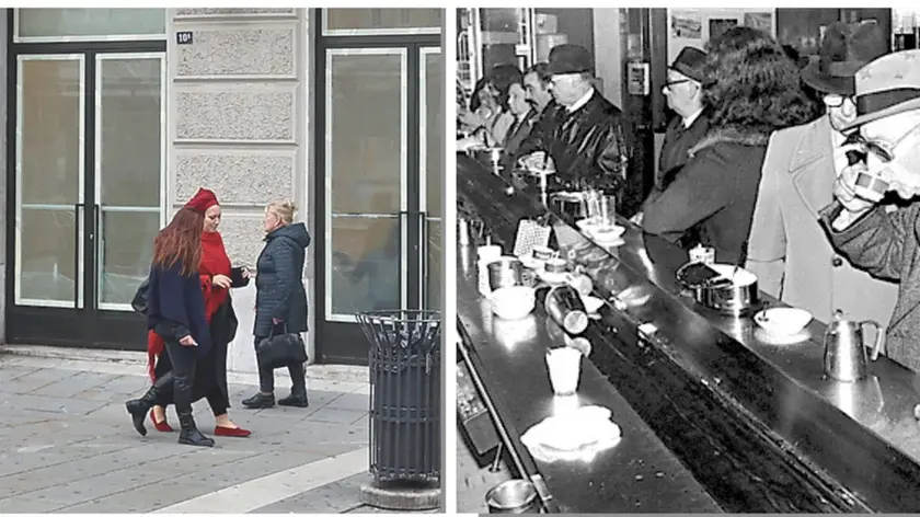 A sinistra l'esterno del Cremcaffè come appare oggi, a destra un'immagine d’epoca degli interni con clienti e nastro trasportatore
