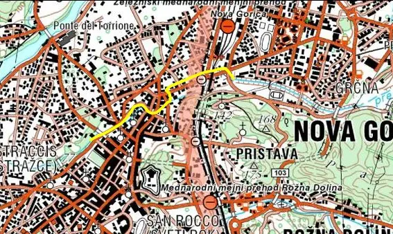 Il tratto di torrente Corno coperto è individuato nella mappa dalla linea gialla.