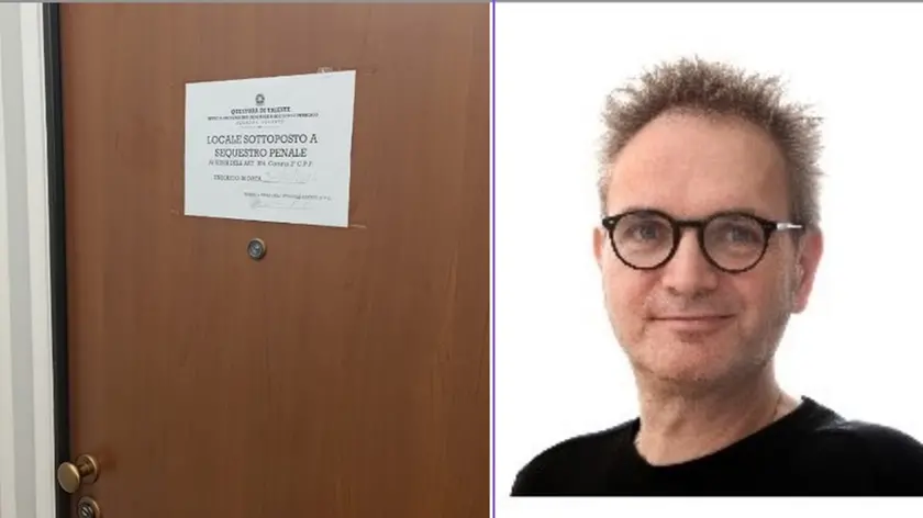 La porta dell'appartamento posta sotto sequestro e a destra il medico Berndt Urlesberger in una foto tratta da LinkedIn