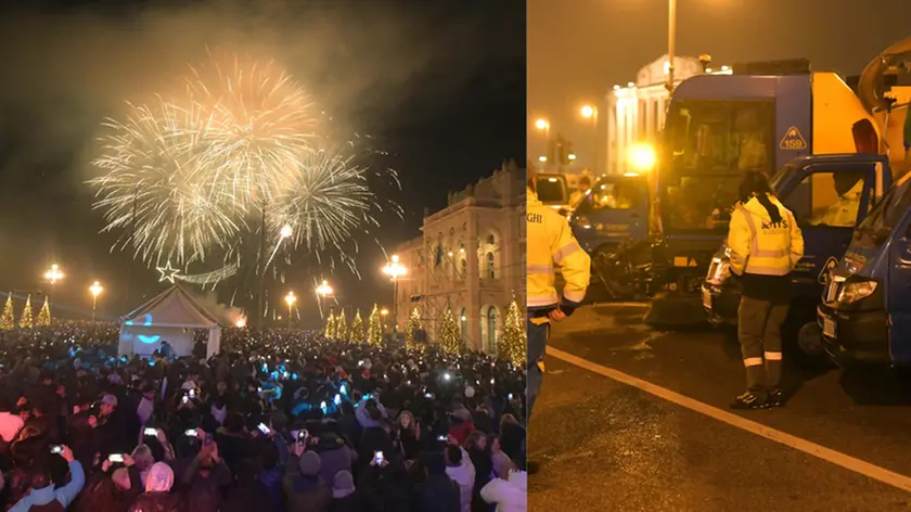 Fotoservizio di Francesco Bruni: a sinistra il Capodanno in piazza, a destra il personale che già alle due di notte si appresta a iniziare le pulizie