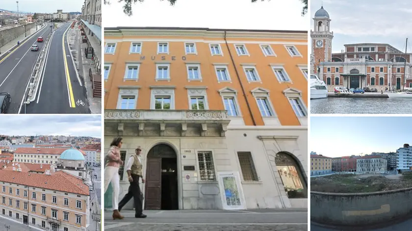 Dall'alto a sinistra Porto Vecchio, Palazzo Carciotti; in centro Palazzo Biserini. A destra l'Aquario, e scendendo il polo di San Giovanni e l'ex Polstrada di Roiano