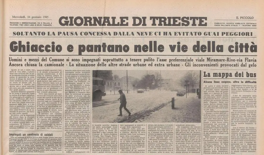 La prima pagina del Piccolo in una delle giornate di neve del 1985