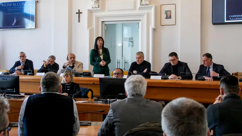 Il tavolo dei relatori in un momento dei lavori nella sala del Consiglio piena di portatori di interesse Foto Katia Bonaventura