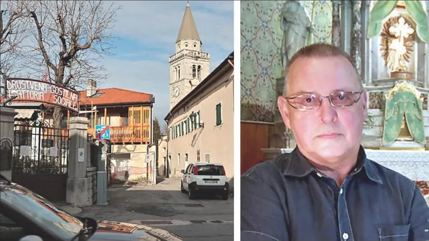 La chiesa di San Martino Vescovo e la trattoria Sociale; a destra don Jožef Špeh Foto Andrea Lasorte