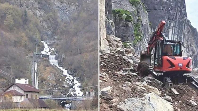 A sinistra Il fontanon a Timau, nel quale confluisce un complesso idrico sotterraneo. A destra i lavori sul passo Monte Croce