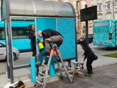 La livrea Go!2025 alle fermate dei bus. Nelle altre foto, i bus che collegano le due città di confine (Foto Roberto Marega)