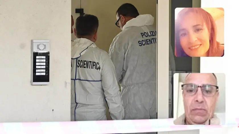 I rilievi della polizia scientifica e, a destra in alto, la vittima Samia Bent Rejab Kedim e, in basso, il presunto assassino, Mohamed Naceur Saadi