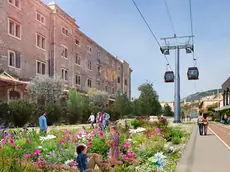 Il render che mostra il passaggio della cabinovia previsto sul parco lineare del Porto Vecchio