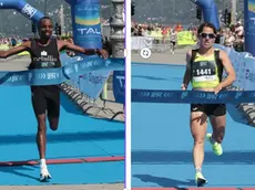Il keniano Vincent Ntabo e la triestina Caterina Stenta, vincitori della Trieste 21K, la mezza maratona della Trieste Spring Run. Nella foto Lasorte mentre tagliano il traguardo