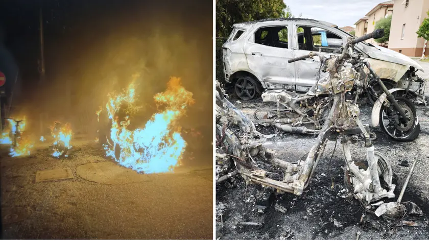 le auto a fuoco immortalate dalla videosorveglianza e i rottami carbonizzati (Lasorte)