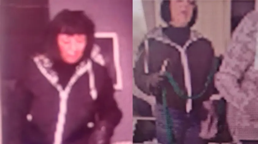 Podmenich ripresa dalle telecamere, a destra alle spalle della vittima con un foulard, pronta a colpire