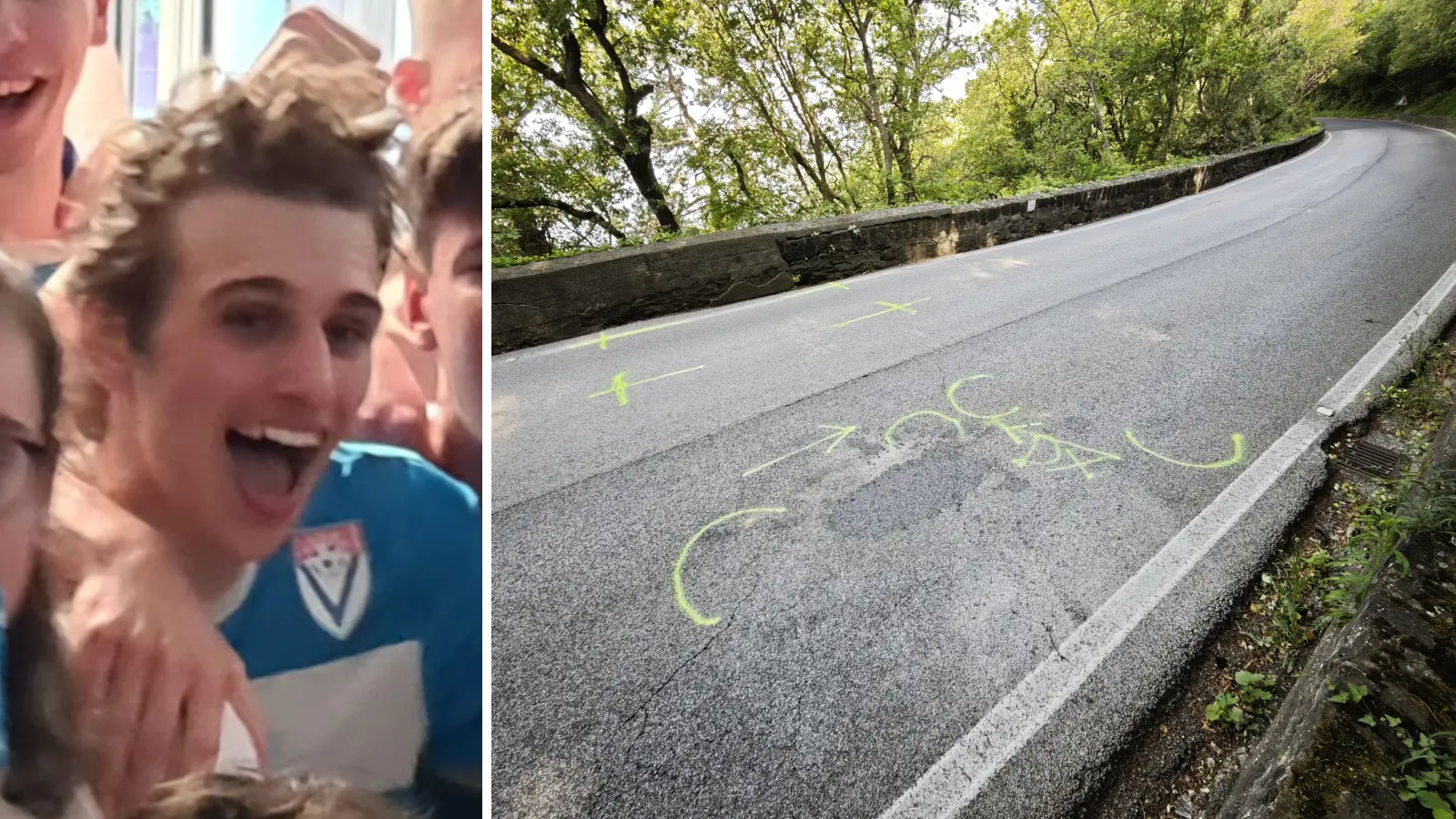 Matteo Millo con la maglia del Vesna e, a destra, il luogo dello schianto (Lasorte)