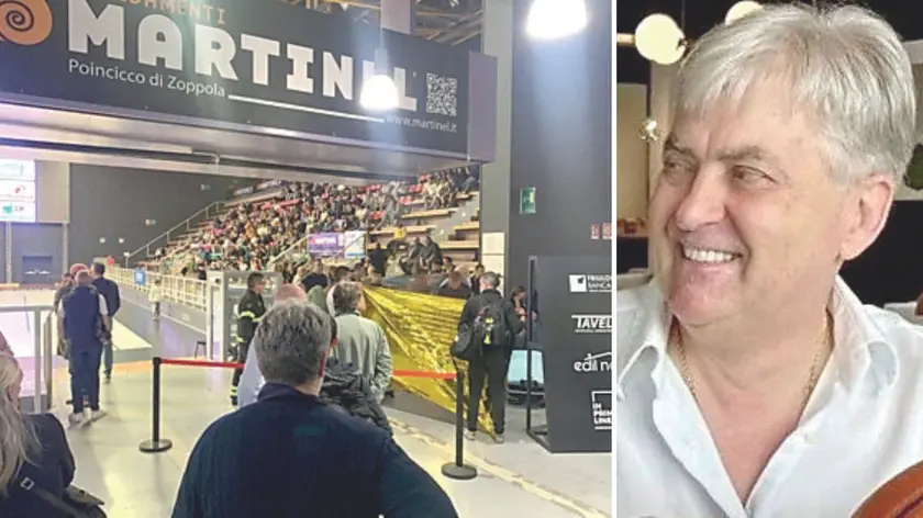 I soccorsi all'interno del PalaCrisafulli, a destra Flavio Barzan, presidente della Martinel Sacile