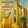 La locandina dell’iniziativa: un disegno con cani, gatti e conigli davanti alla chiesa luterana di Trieste