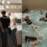 A sinistra, la Polizia sul posto; a destra, la vetrina sfondata (Lasorte)
