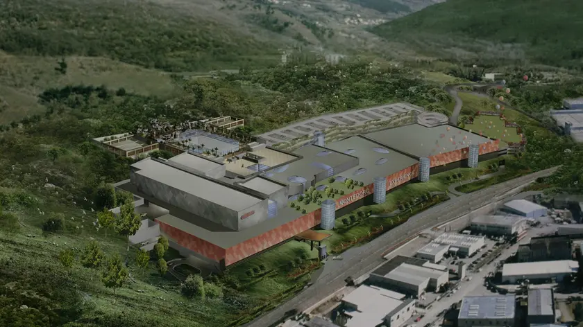 Il rendering di Montedoro con l’edificio B a oggi incompiuto e la zona del potenziale Centro sportivo