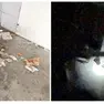 Il degrado del garage lungo la via e, a destra, un fermo immagine con alcune persone che preparano le dosi di cocaina in strada