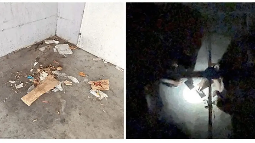 Il degrado del garage lungo la via e, a destra, un fermo immagine con alcune persone che preparano le dosi di cocaina in strada