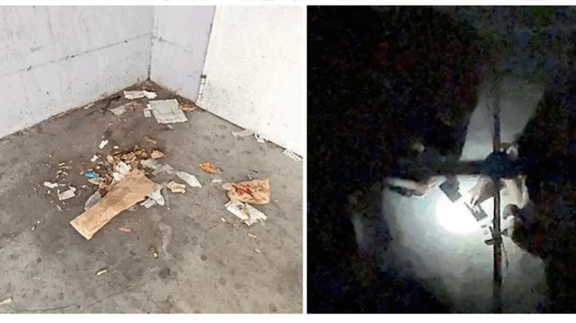 Il degrado del garage lungo la via e, a destra, un fermo immagine con alcune persone che preparano le dosi di cocaina in strada