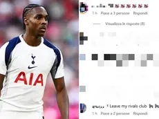 A sinistra Mathys Tel, a destra alcuni dei commenti razzisti apparsi sul suo profilo Instagram