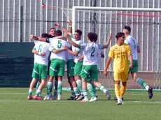 L'esultanza dei giocatori del San Luigi dopo il gol dell'1-0 (Foto Bruni)