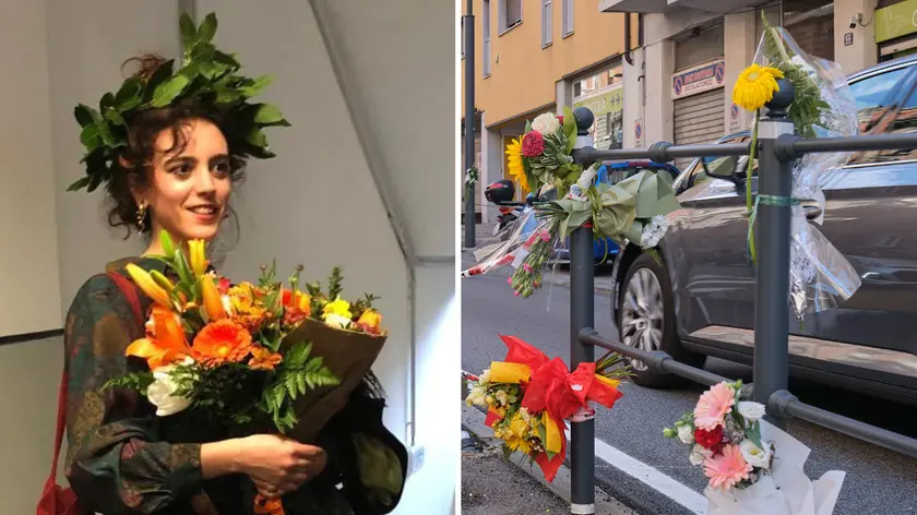 A sinistra Marta Gianelli, a destra i fiori in via Fabio Severo (Silvano)