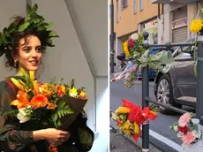 A sinistra Marta Gianelli, a destra i fiori in via Fabio Severo (Silvano)