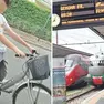 Lorenzo con la sua vecchia bicicletta, rubata; a destra, la stazione di Gemona